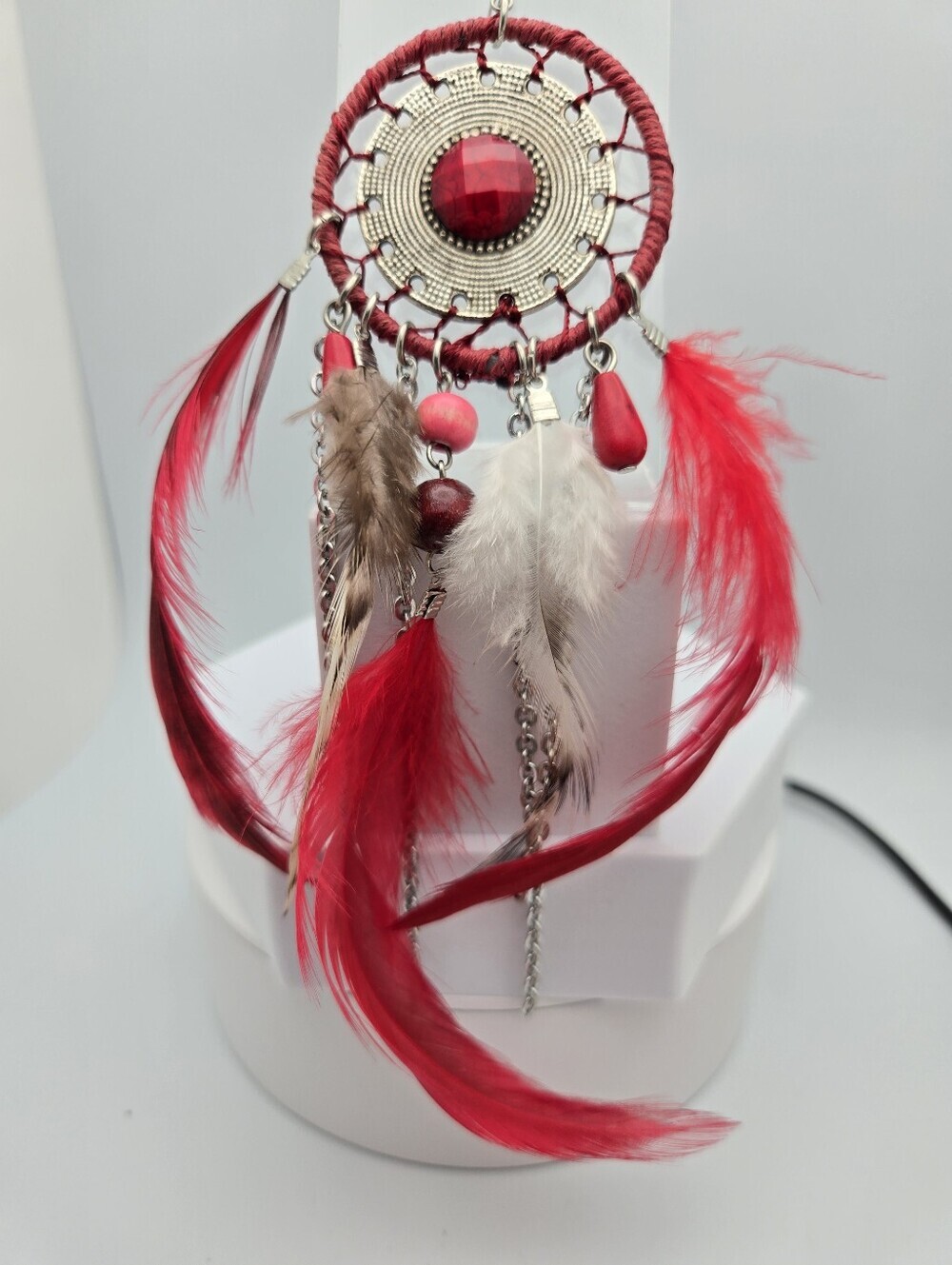 Handmade Red Dream Catcher Statement Earring Single 8"